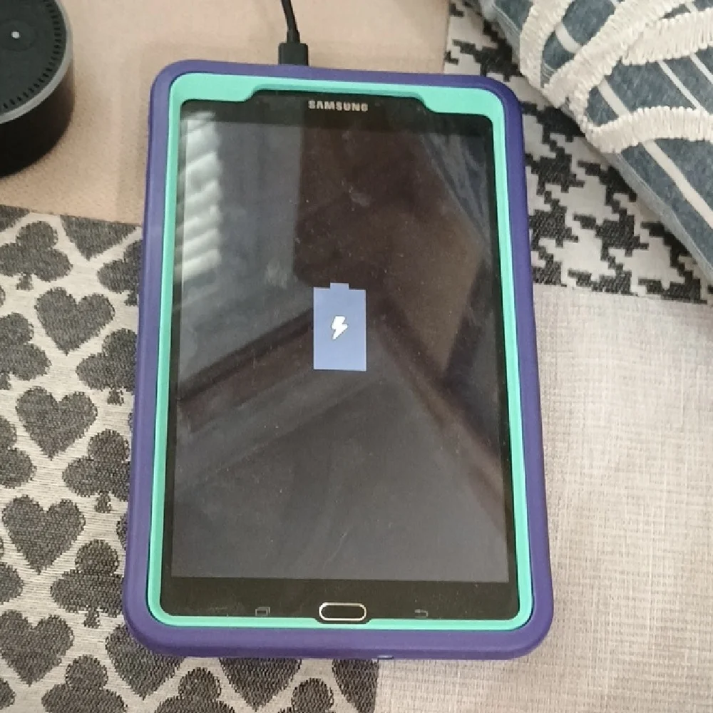 Samsung Galaxy Tab with Rugged Purple and Green Case
